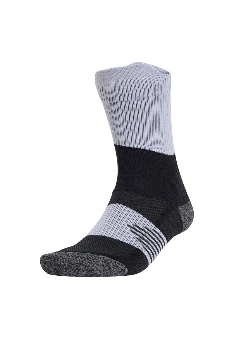 Chaussette de sport noire et grise avec une partie supérieure en tricot côtelé, un espace central à motifs et un orteil texturé pour une meilleure adhérence et un confort optimal.