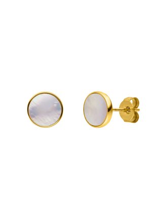 Boucles d'oreilles à tige ronde avec des centres en nacre irisée montés dans des sertissages en or poli avec fermoirs papillon.