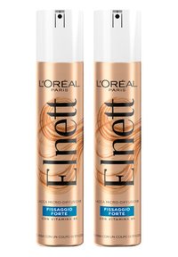 Due confezioni cilindriche di aerosol di lacca per capelli L'Oréal Elnett, caratterizzate da un colore oro metallico, tappi bianchi e testo nero ben visibile.