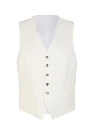 Witte, getextureerde vest met een V-halsontwerp, vijf knopen en twee voorzakken. Glad binnenvoerings; slim fit.