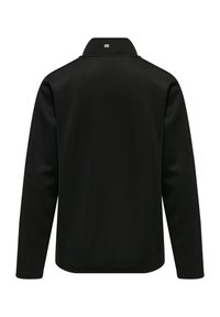Zwarte polo met lange mouwen van een zachte, gladde stof, voorzien van een opstaande kraag en logodetail op de achterkant van de hals.