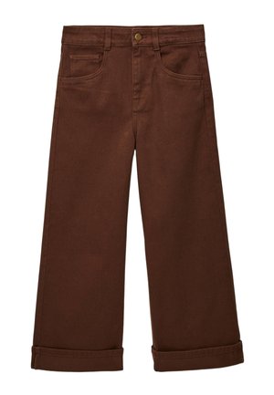 Pantalon large marron à ourlets retroussés, fermeture à boutons à l'avant et design à cinq poches.