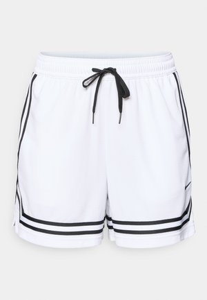 White athletic shorts with a textured surface, featuring a black drawstring and two black side stripes. Elastic waistband for adjustable fit.