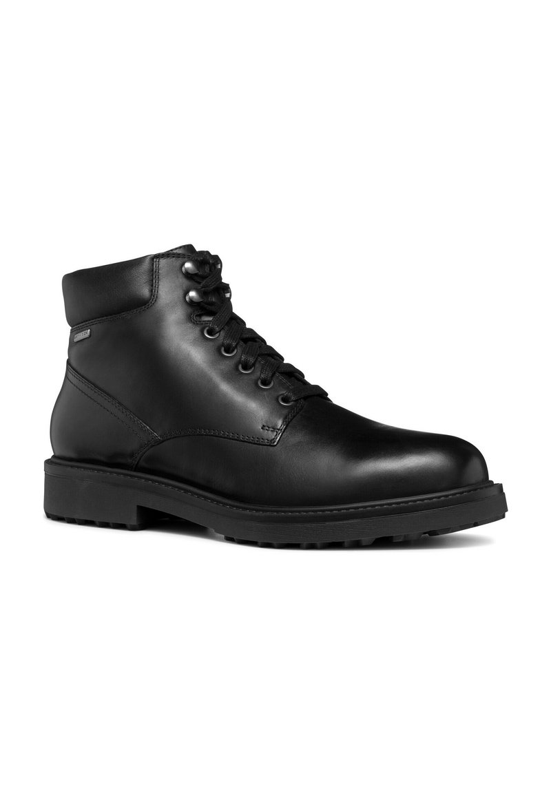 Schwarze Leder-Stiefeletten mit einem glatten Finish, runder Spitze, Schnürdesign mit Metallösen und robustem Gummiaußensohle für gute Bodenhaftung.