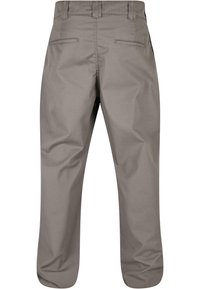 Beige cotton trousers with a straight-leg design, featuring two back pockets and a smooth texture. Slightly wrinkled appearance.