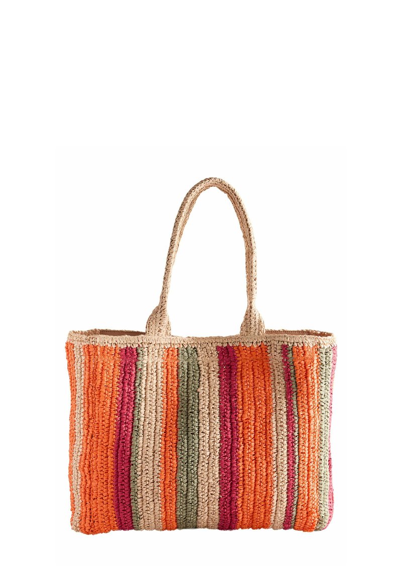 Sac fourre-tout rayé fait de fibres naturelles tissées, avec des couleurs orange, rose, vert et beige, et deux poignées robustes. Forme rectangulaire.