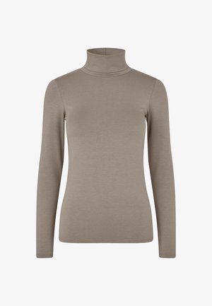 Bež polovična majica s turtleneck izrezom, dolgi rokavi, raztegljiva rebrasta tkanina, prilega se, minimalni šivi, mehak ali značaj, primerna za plastenje.