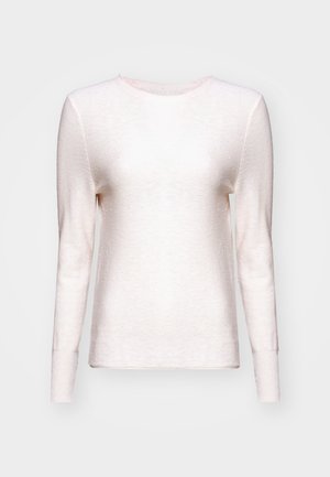 Maglione lungo a maniche lunghe di colore rosa chiaro realizzato in tessuto testurizzato. Collo rotondo con dettaglio a costine, finitura morbida e maniche aderenti.