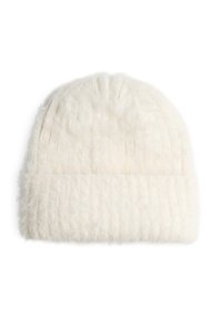 White knitted beanie with soft, fuzzy texture and ribbed fold-over cuff, shown flat on a white background.
