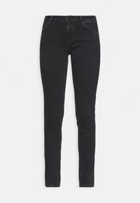 Pantalones vaqueros de mezclilla negra con un ajuste slim, diseño de cinco bolsillos y cierre de cremallera clásico. Presentan un desvanecimiento mínimo y una textura suave.