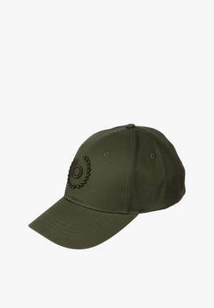 Casquette de baseball vert olive en tissu, avec un logo brodé et une visière incurvée. Design à six panneaux avec oeillets de ventilation.