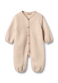 Combinaison en polaire beige pour bébé avec des manches longues, un col en V et cinq boutons en bois à l'avant ; elle présente des poignets et des jambes élastiques.