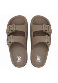 Sandales en caoutchouc marron avec deux sangles ajustables, boucles en métal argenté et semelle moulée. Présente un logo blanc d'un perroquet sur la semelle.
