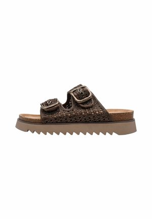 Brauner Slide-Sandale mit zwei Schnallen, strukturiertem Obermaterial, Korkfußbett und dicker, gezackter Gummisohle für guten Halt.