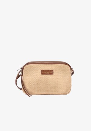 Rectangular beige woven crossbody bag with brown leather trim, zipper closure, and "Lancaster Paris" logo patch on front.