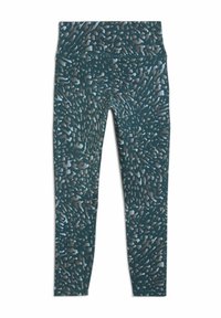 Aukštos liemenėlės leggings tamsiai žalia spalva su tekstūruotu, abstrakčiu raštu šviesiai mėlynos ir pilkos spalvos atspalviais. Tampri, lygi medžiaga patogumui.