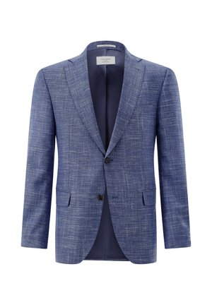 Blau strukturierter Herrenblazer mit Kerbklappen, Zweiknopfverschluss, Pattentaschen und dunklem Innenfutter.