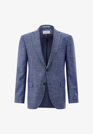 Blau strukturierter Herrenblazer mit Kerbklappen, Zweiknopfverschluss, Pattentaschen und dunklem Innenfutter.