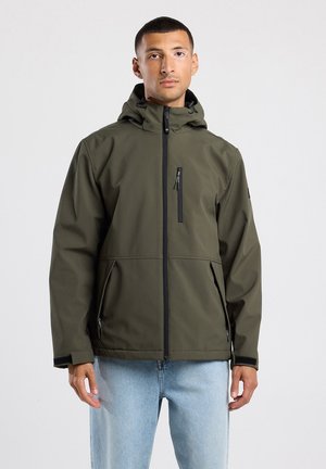 Grüne Kapuzenjacke mit Reißverschluss, zwei seitlichen Taschen und einer Brusttasche. Hergestellt aus glattem, strapazierfähigem Material; mit schwarzen Akzenten.
