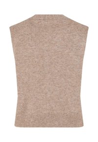 Béžový pletený svetr bez rukávů s jemnou texturou, vysokým límcem a žebrovaným lemem, který ukazuje jemný a teplý materiál.