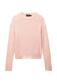 Pull en laine rose doux avec col rond, manches longues et bords côtelés, étiqueté Monoprix taille 8.