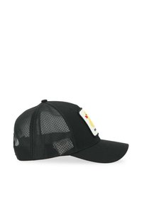 Casquette noire avec un dos en filet, visière courbée et un patch avant présentant un design de canard jaune. Dotée d'une fermeture snapback pour un réglage facile.