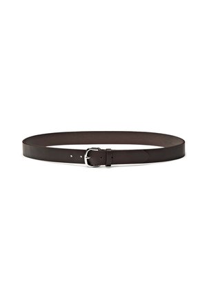 Brown leather belt with a smooth texture, featuring a silver metal buckle and adjustment holes along the length. Simple and classic design.