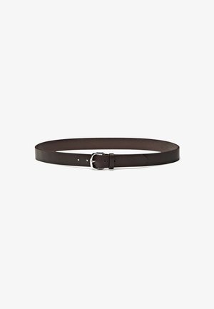 Brown leather belt with a smooth texture, featuring a silver metal buckle and adjustment holes along the length. Simple and classic design.