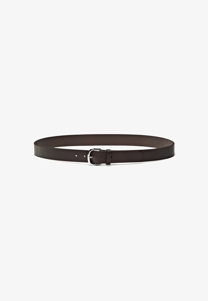 Brown leather belt with a smooth texture, featuring a silver metal buckle and adjustment holes along the length. Simple and classic design.