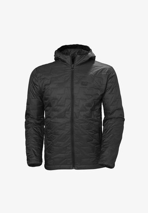 Black insulated jacket with a hood, featuring a geometric quilted pattern, front zipper closure, and side pockets.