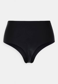 High-waisted black briefs made from smooth, stretchy fabric with a minimalist design and no visible seams. Ideal for everyday wear.