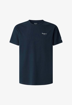 T-shirt in cotone blu navy con maniche corte, scollatura rotonda e un piccolo logo bianco sul petto. Design semplice e pulito senza motivi.