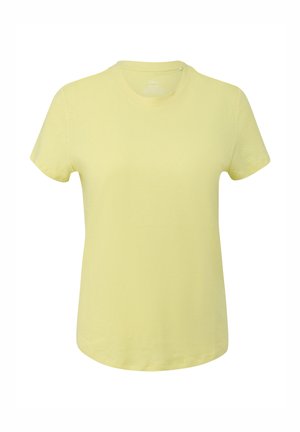 Hellgelbes Baumwoll-T-Shirt mit kurzen Ärmeln und Rundhalsausschnitt, locker geschnitten, Vorderansicht vor weißem Hintergrund.