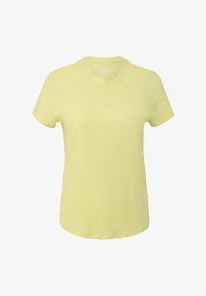 T-shirt en coton jaune pâle à manches courtes et col rond, coupe décontractée, présenté de face sur un fond blanc.