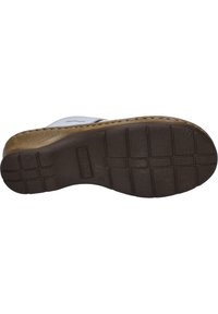 White shoe sole with textured brown rubber upper, featuring a patterned tread for grip and support. No visible branding on the sole.