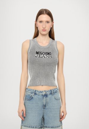 Gray ribbed crop tank top featuring "MOSCHINO JEANS" logo in black, with a round neckline and sleeveless design, paired with light blue shorts.