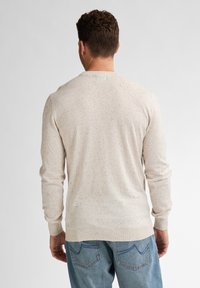 Licht beige trui met een gestructureerd, gevlekt patroon, voorzien van lange mouwen en een klassieke ronde hals. Gecombineerd met blauwe jeans.