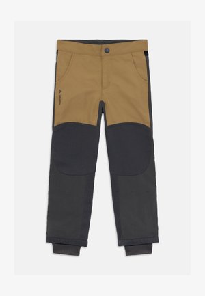 Wasserabweisende Outdoor-Hosen in Beige und Dunkelgrau. Mit verstärkten Kniepatten, mehreren Taschen und einem elastischen Bundabschluss.