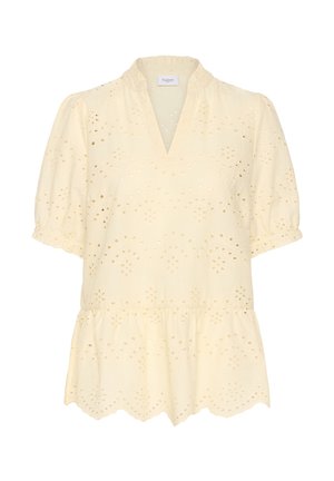 Lichtgele blouse met een V-hals, korte pofmouwen en een bloemenogenpatroon. Heeft een gerimpelde zoom en geschulpte randen.