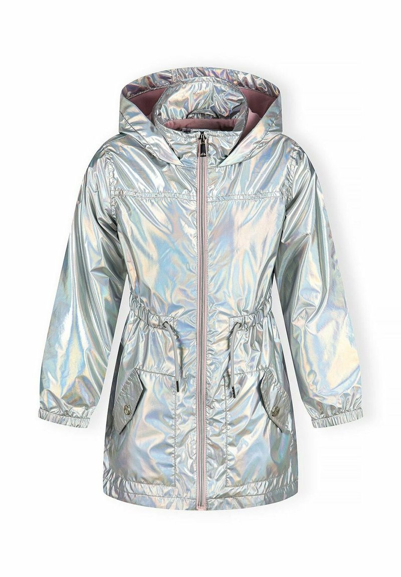 Veste irisée avec une taille ajustable par cordon, fermeture éclair à l'avant et capuche. Elle comporte deux poches avant et des poignets élastiques. Le matériau a une texture brillante.