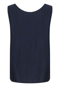 Ärmlös topp i mörk marinblått tyg, med en slät yta och en avslappnad, rundad halsringning. Minimalistisk design utan synliga dekorationer.