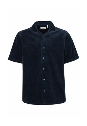Short-sleeve navy button-up shirt in corduroy fabric with a textured finish, featuring a camp collar and six front buttons.
