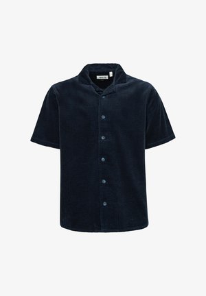 Short-sleeve navy button-up shirt in corduroy fabric with a textured finish, featuring a camp collar and six front buttons.