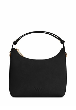 Black leather handbag with a curved silhouette, short handle, gold zipper hardware, and embossed logo at the front. Smooth texture.