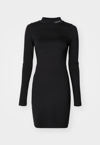 Black long-sleeve dress made of smooth fabric with a high neck and Calvin Klein logo on the collar, featuring a fitted silhouette.
