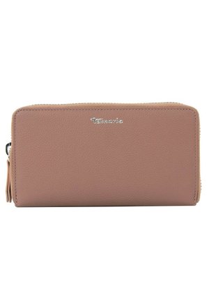 Wallet made of textured pink leather with a zip closure, featuring a silver logo detail on the front and a side tassel.
