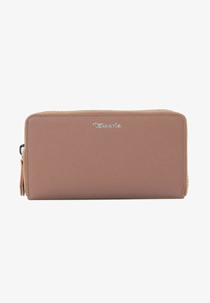 Wallet made of textured pink leather with a zip closure, featuring a silver logo detail on the front and a side tassel.