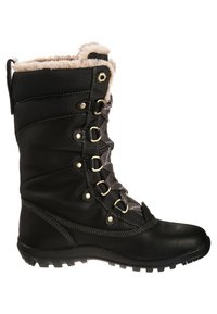 Bota de invierno negra con parte superior sintética, forro de piel, cierre frontal de cordones, ojales metálicos y suela de goma texturizada para tracción.