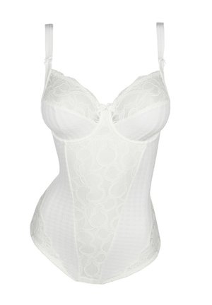 Body en dentelle blanche avec soutien-gorge à armature, motif floral, panneaux transparents et bretelles ajustables. Texture douce avec des détails côtelés.