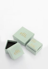 Helle grüne Geschenkboxen aus Papier mit goldbedrucktem Logo, die eine glatte Textur aufweisen. Zwei Boxen sind geöffnet und zeigen ein schwarzes Innenleben.
